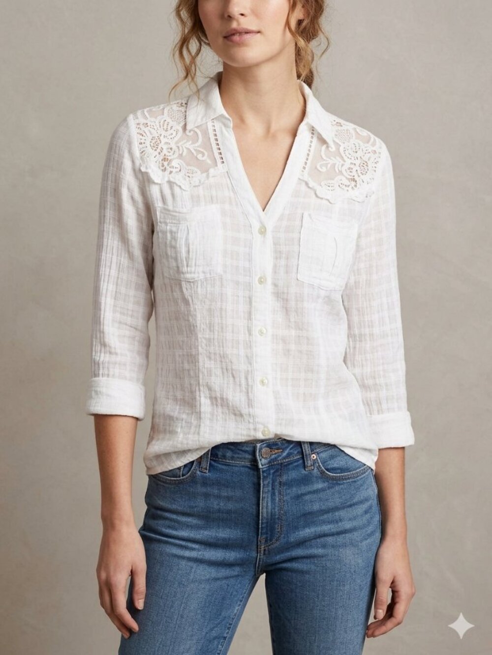 Eden & Olivia Women's PL White Crochet Lace Embroidered Pockets Button Down Top